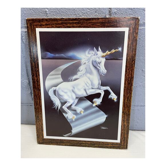 Vintage 1980s Unicorn Fantasy Art Print On Press Board White Horse Ferraro - Picture 3 of 10